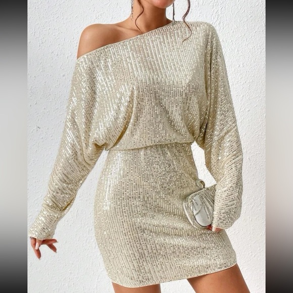 Cream sequins long sleeve mini dress holiday party - Picture 1 of 6